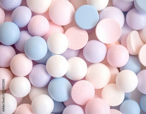 Close-up of pastel-colored spherical candies in shades of pink blue and white, creating a soft and inviting pattern perfect for confectionery or sweet treat themes
