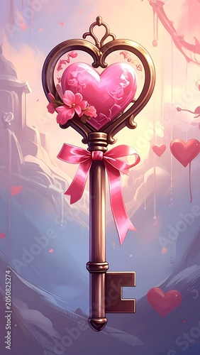 Heart shaped key with pink bow.