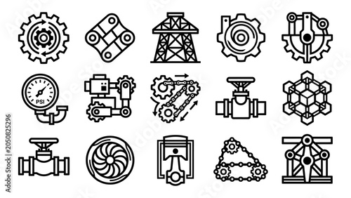 Industrial and mechanical engineering vector line icon set featuring gears, valves, pressure gauge, piston, and chain drive symbols for machinery design