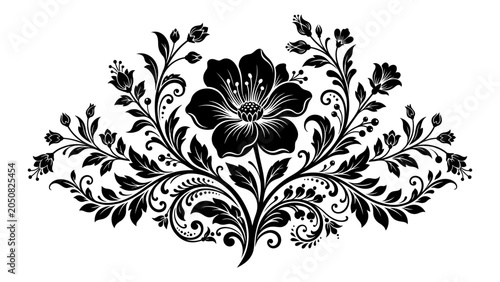 Schilderij op canvas Traditional black floral vector ornament with decorative folk flower leaves and