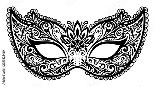Ornate masquerade mask vector illustration with intricate black lace and floral filigree patterns for carnival or mardi gras design