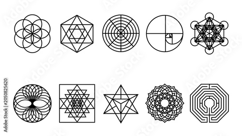 Sacred geometry vector icons set featuring flower of life metatrons cube fibonacci spiral sri yantra and labyrinth