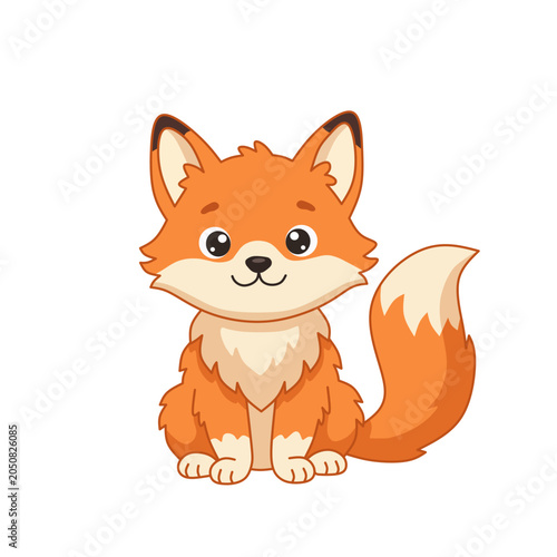 Cute cartoon fox illustration with fluffy tail and adorable expression isolated on white background. Perfect for children's books, nursery decor, education, and animal-themed designs