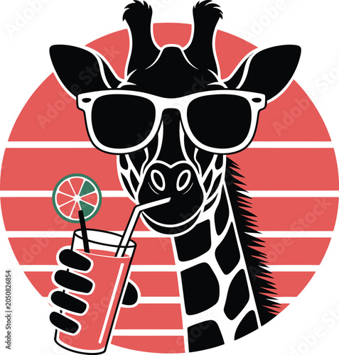 Cool Giraffe Wearing Sunglasses Holding Tropical Drink in Sunset Circle, Fun Summer Safari Animal Illustration Isolated on White Background

