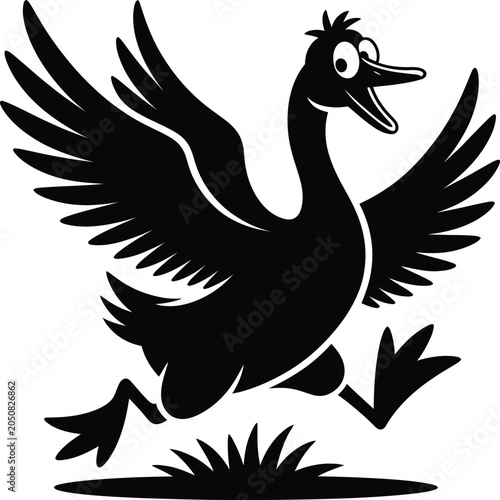 Elegant Black Swan with Spread Wings, Minimal Bird Silhouette Illustration Isolated on White Background

