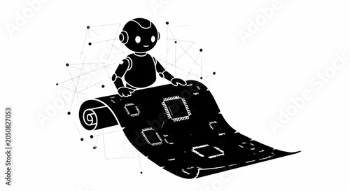 Cute robot unrolling a flexible circuit board with glowing connections