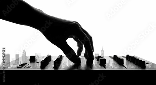 Silhouette of a hand adjusting controls on a DJ mixer with a cityscape overlay