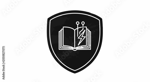 Open book with electrical circuit and lightning bolt inside a shield emblem, symbolizing knowledge and power