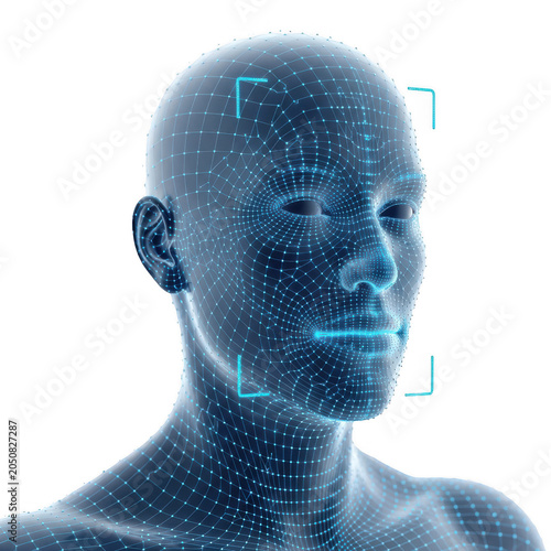 Biometric facial recognition technology, digital 3D wireframe human head, artificial intelligence face scanning system for security and identification