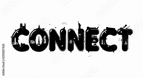 Stylized word 'CONNECT' formed by glossy black balloons with iconic landmarks, symbolizing global communication.