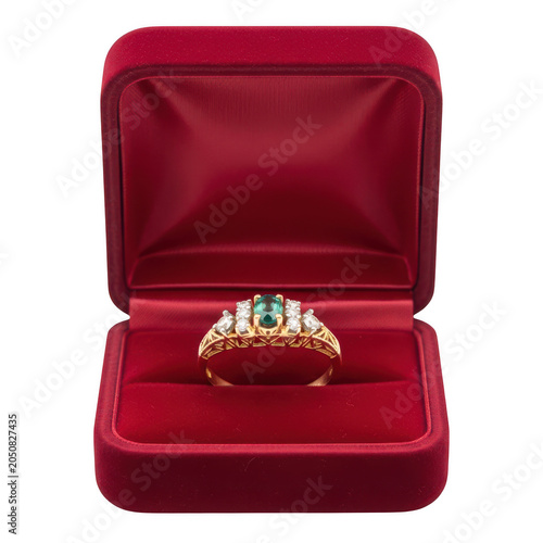 Vintage gold emerald ring in red velvet box, elegant diamond engagement ring for proposal, luxury jewelry gift for anniversary or wedding