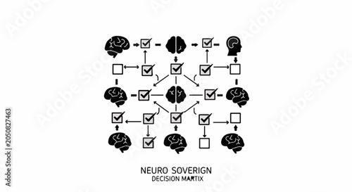 Complex decision-making process visualized through interconnected brains and choices