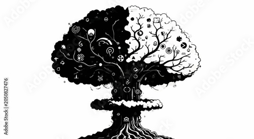 Symbolic tree of knowledge with contrasting dark and light branches filled with icons representing technology and nature