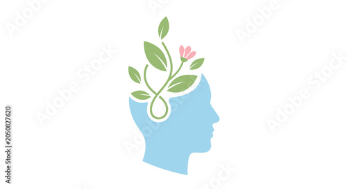 Fotografie Human head silhouette with growing leaves and flower vector illustration