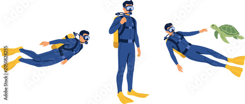 Tableau sur toile Scuba Diver Character Vector Collection Featuring Men Swimming Underwater Wearin
