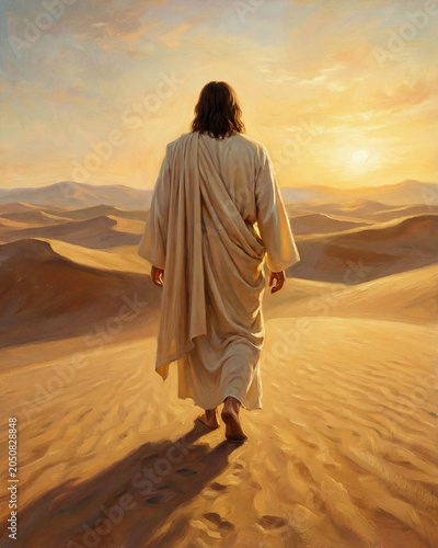 A serene depiction of Jesus walking through golden sand dunes at sunset.