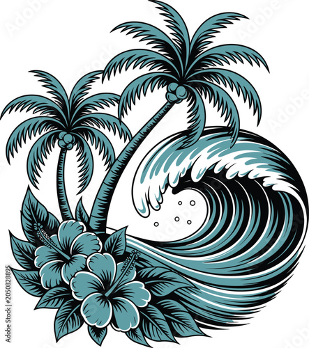 Tropical Ocean Wave with Palm Trees and Coastal Beach Silhouette Isolated on White Background

