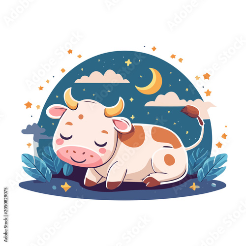 Cute cartoon cow sleeping under the night sky