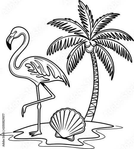 Elegant Flamingo with Tropical Palm Tree and Seashell Beach Scene Isolated on White Background

