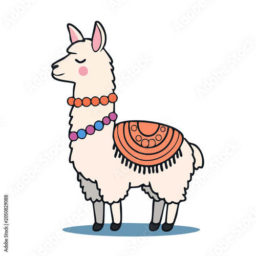 Cute cartoon llama with colorful beads and saddle