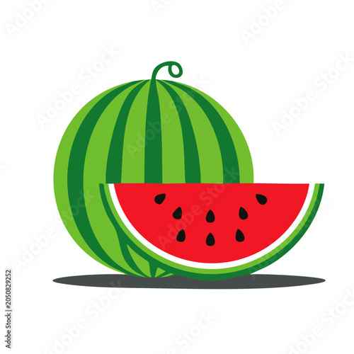 Flat design illustration of a whole watermelon and a slice