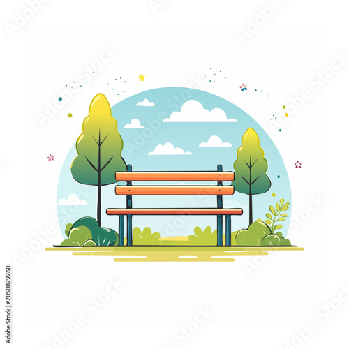 Flat design park bench with trees and clouds