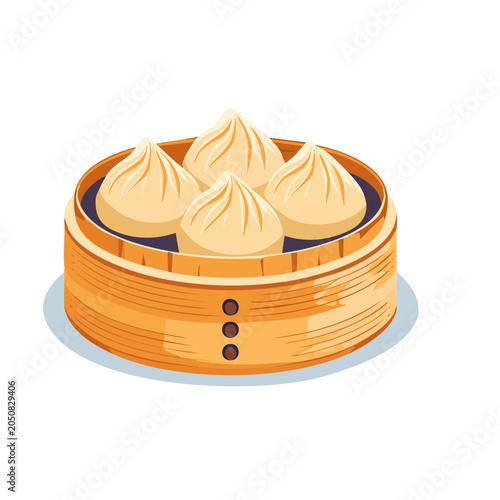 Illustration of dumplings in a bamboo steamer
