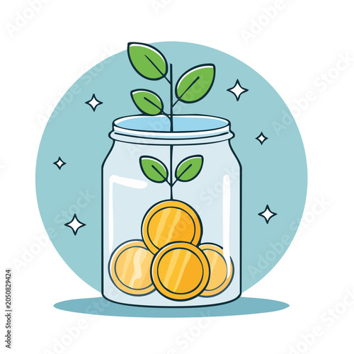 Illustration of money growing in a jar with coins and plant