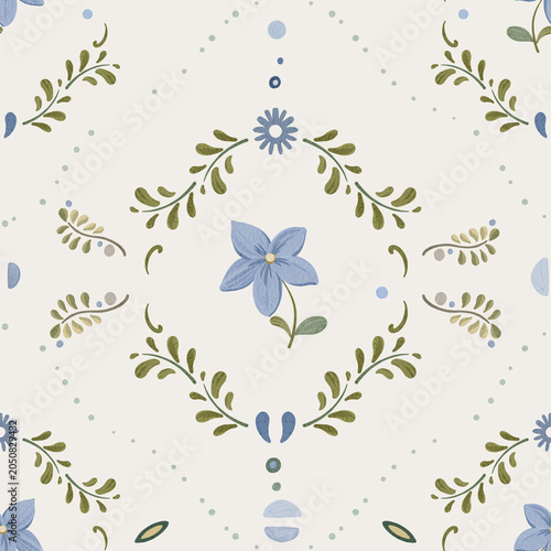 Nordic Folk Floral Seamless Pattern with Blue Wildflower Ornament