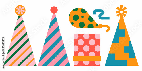 Fotografía Party Hats And Gift Box Colorful Flat Vector Illustration On White Background