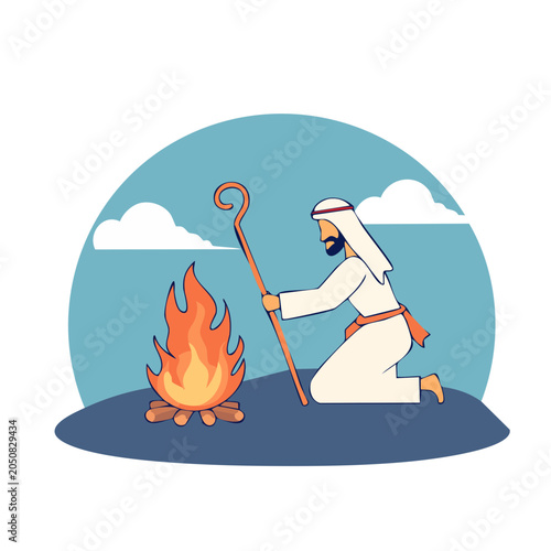 Man with staff kneeling by campfire with clouds in background
