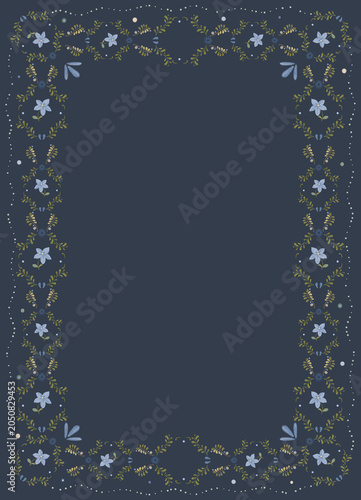 Scandinavian Folk Floral Border Frame with Blue Wildflowers and Botanical Ornament