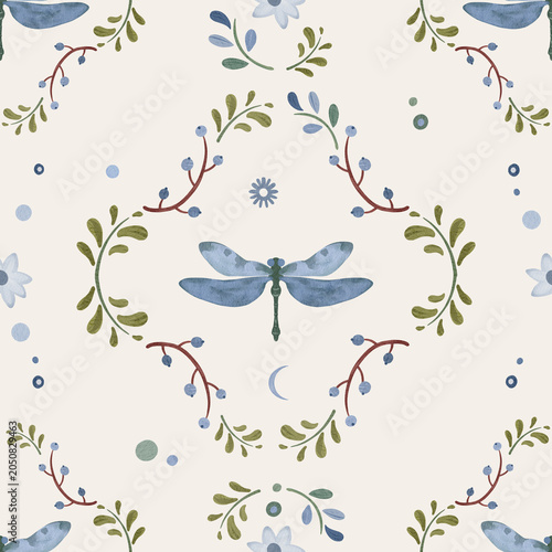 Scandinavian Folk Dragonfly Seamless Pattern with Botanical Ornament