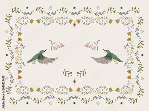 Scandinavian Folk Floral Frame with Birds and Botanical Ornament