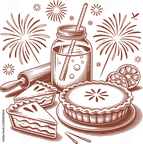Patriotic Summer Dessert Still Life with Lemon Drink, Pie, Cookie and Fireworks Isolated on White Background

