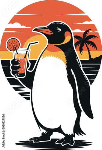 Cute Penguin Holding a Refreshing Drink in a Tropical Sunset Circle, Summer Beach Cartoon Illustration Isolated on White Background

