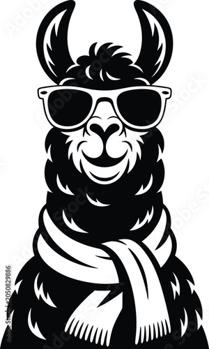 Cool Furry Animal Portrait Wearing Sunglasses, Bold Black Cartoon Character Illustration Isolated on White Background

