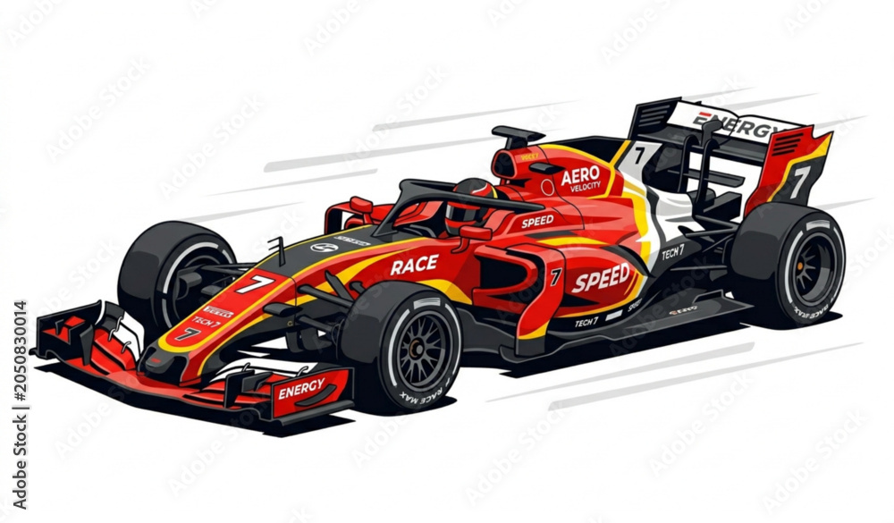 Obraz premium Formula one race car illustration with red and black livery number seven