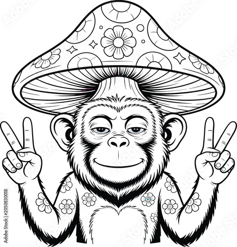 Colorful Monkey Character Wearing Mushroom Hat and Showing Peace Signs, Psychedelic Cartoon Animal Illustration Isolated on White Background

