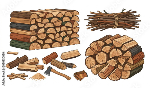 Billede på lærred Wood pile and splitting tools cartoon illustration