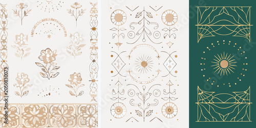 Fotografia Floral ornament collection with art deco elements golden line work on beige