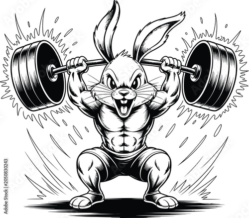 Powerful Rabbit Bodybuilder Lifting Heavy Barbell in Dynamic Fitness Pose, Strong Animal Workout Illustration Isolated on White Background

