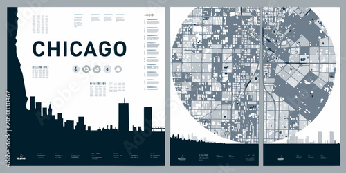 Chicago city posters with skyline and map illustrations in a teal gray color scheme