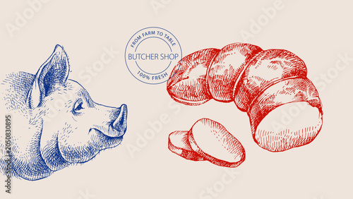 Obraz na plátně Hand drawn sketch meat butcher shop poster