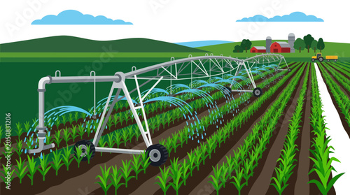 A center pivot irrigation system waters rows of crops on a farm, with a tractor and barns in the distance.