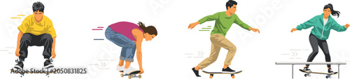 Obraz na plátně Skateboarder Character Vector Set with Teenagers Riding Skateboards Performing O