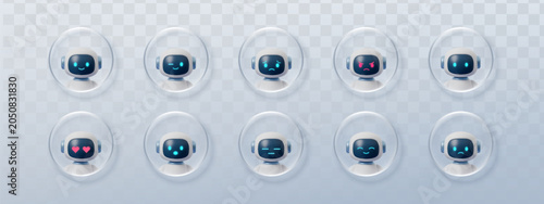 Set of Robot emoji 3d for glass button chatbot and ai ui effect. Character morphism avatar for box bot robot and circle icon chat. Robot cute intelligence for glass text emoji and button frosted shape