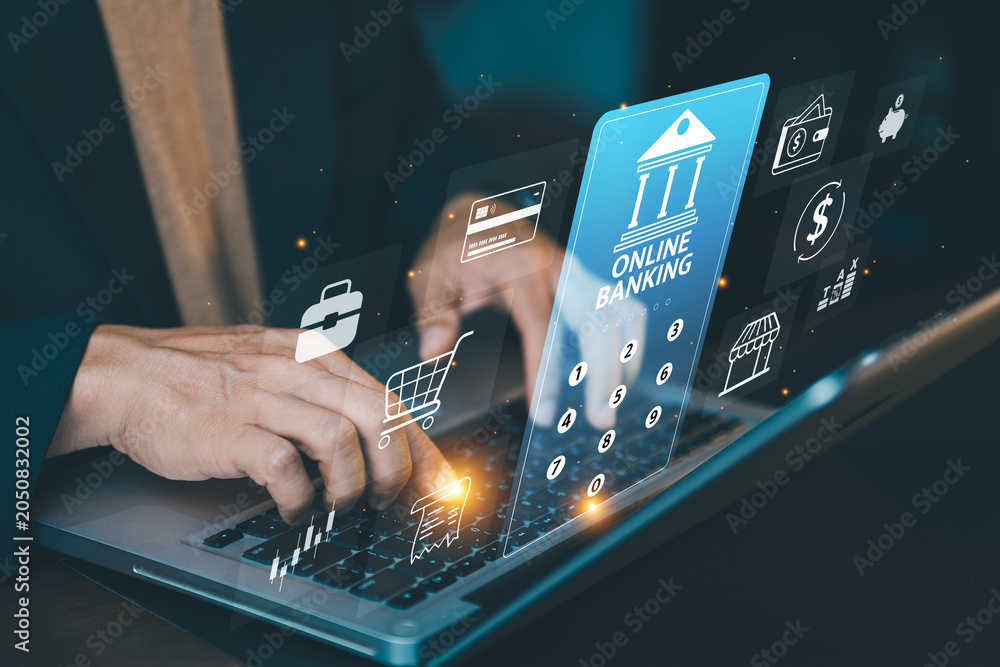 Behang Close up of businessman typing on laptop keyboard with secure online banking interface, entering pin code or password for mobile transaction security concept