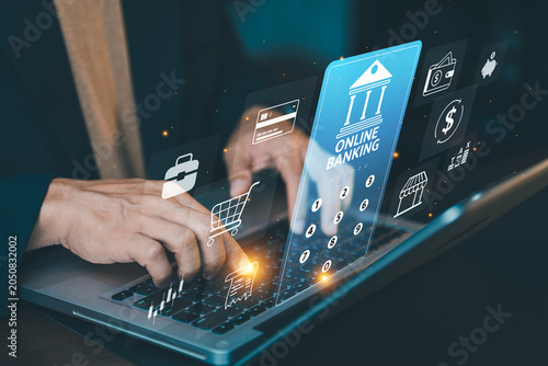 Schilderij op canvas Close up of businessman typing on laptop keyboard with secure online banking interface, entering pin code or password for mobile transaction security concept