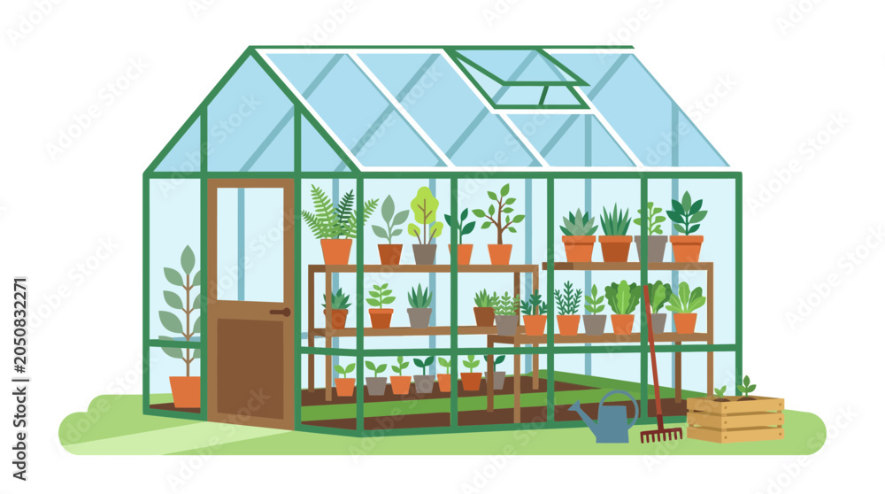 Obraz premium A greenhouse filled with various potted plants, shelves, a door, and gardening tools, ready for cultivation.